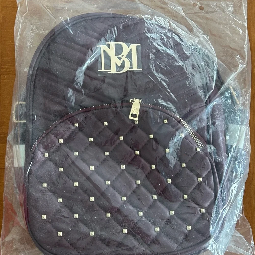 NWT BADGLEY MISCHKA Vegan Leather Plum & Gold Studded Backpack w Callout